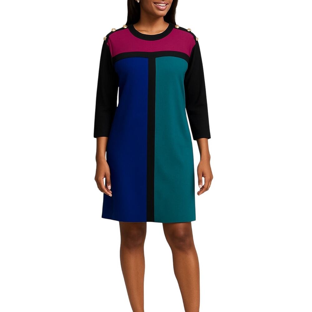 KAYO 1980s Vintage Pink & Blue Color Block Long Sleeve Dress Retro Large